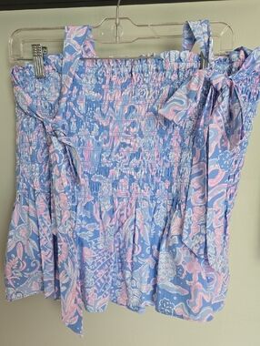Lilly Pulitzer Blue & Pink Paisley Smocked Off-Shoulder Top XL